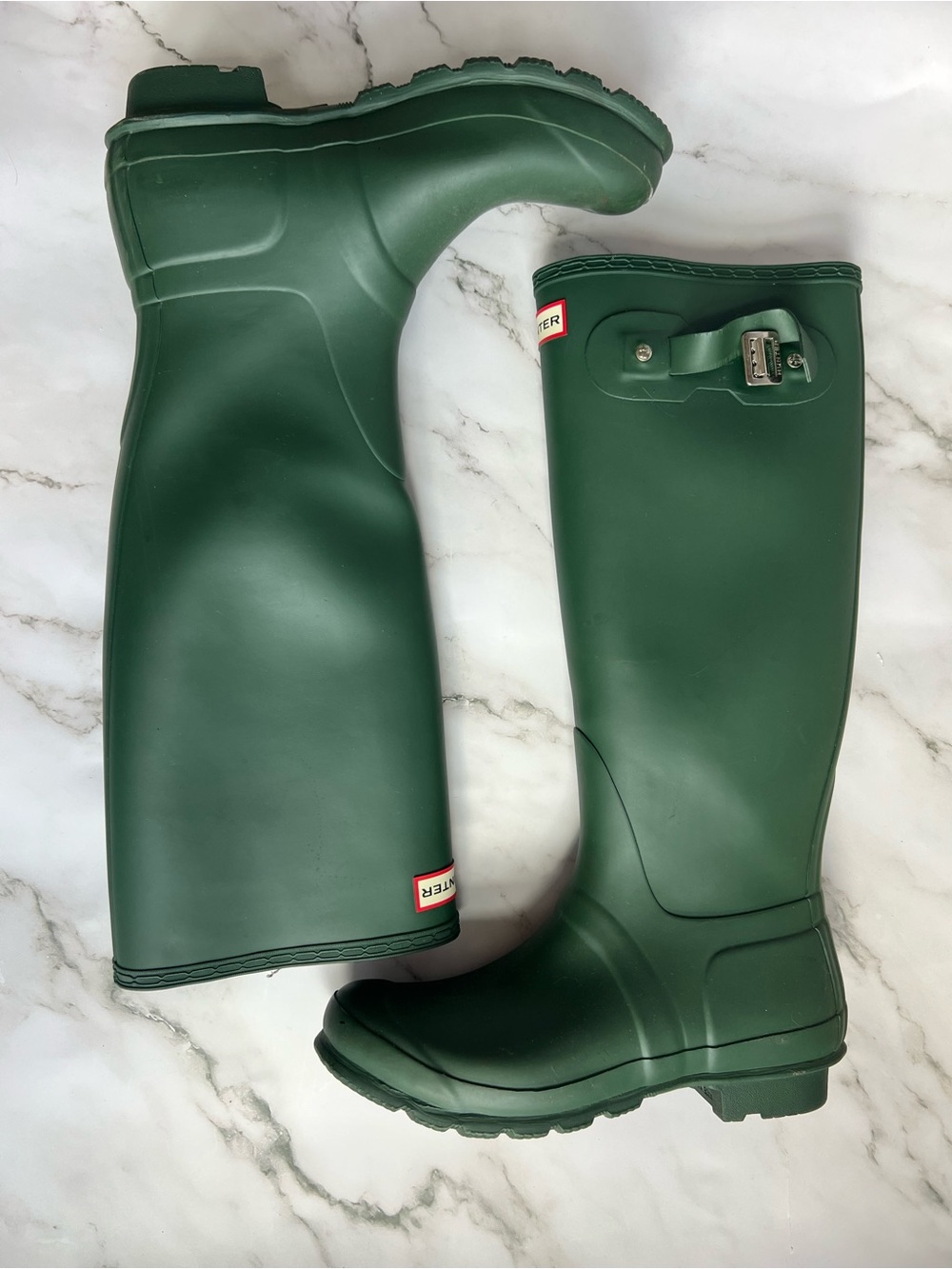 Hunter Matte Dark Green Tall Rain Boots with Side Buckle
